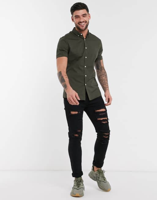 Enges Hemd Button khaki1 down Khaki in mit ASOS DESIGN Kragen kurzärmliges 747w5R
