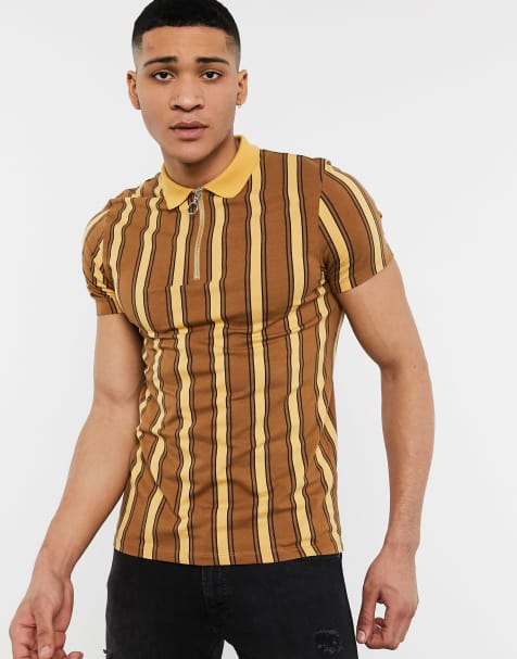 ASOS DESIGN – Enges Polohemd in Braun mit vertikalen Streifen und Reißverschluss - view 1