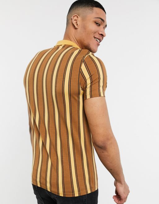 ASOS DESIGN – Enges Polohemd in Braun mit vertikalen Streifen und Reißverschluss, 2 von 4