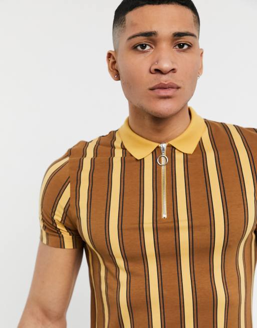 ASOS DESIGN – Enges Polohemd in Braun mit vertikalen Streifen und Reißverschluss, 3 von 4