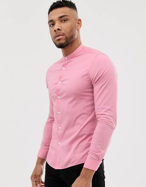 Asos Design Enges Stretch Hemd Mit Grandad Kragen In Rosa Asos