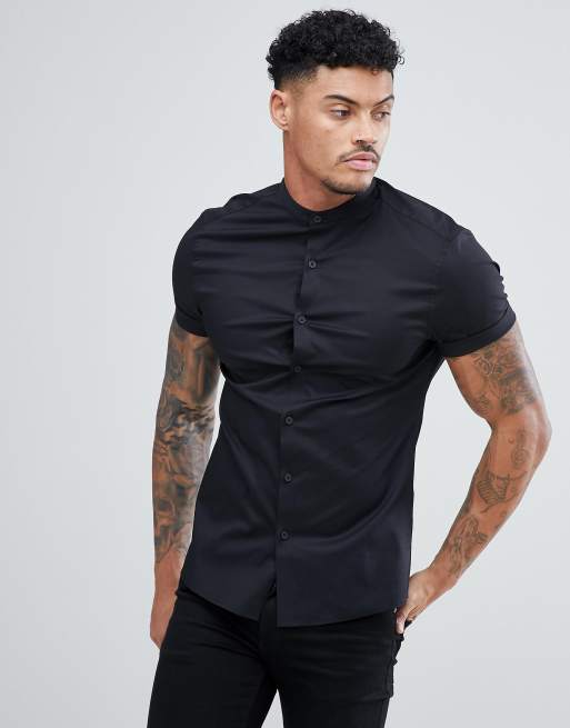 ASOS DESIGN – Enges Stretch-Hemd mit Grandad-Kragen in Schwarz