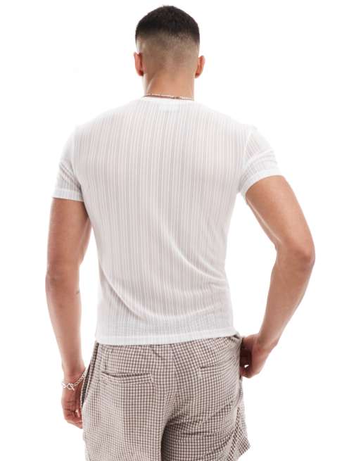 ASOS DESIGN – Enges T-Shirt in Weiß aus Netzstoff mit Streifenstruktur, 2 von 4