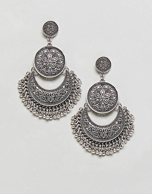 ASOS DESIGN Engraved Disc And Ball Bead Drop Earrings