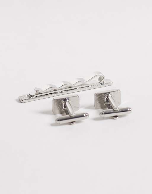 ASOS DESIGN engraved pattern tie bar and cufflink pack in silver, 3 of 3