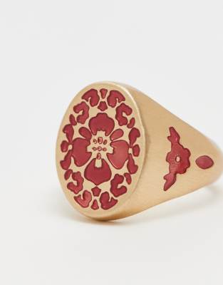 Asos Design Engraved Ring With Hibiscus Enamel Design