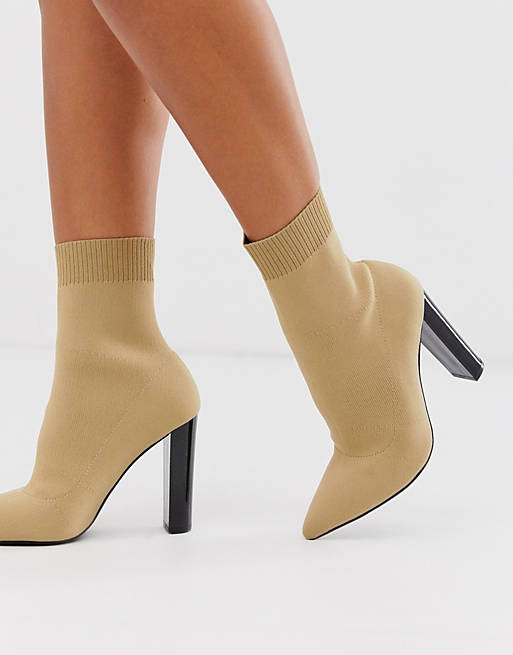 ASOS DESIGN Enhance block heel sock boots in beige knit