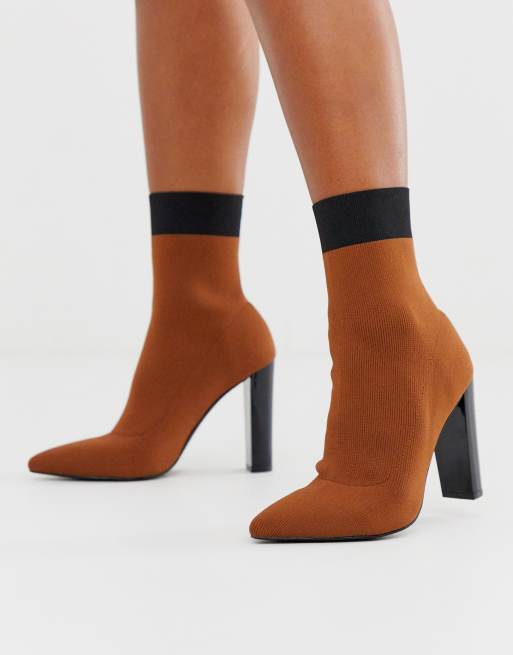 Asos Design Enhance Block Heel Sock Boots In Brown Knit Asos