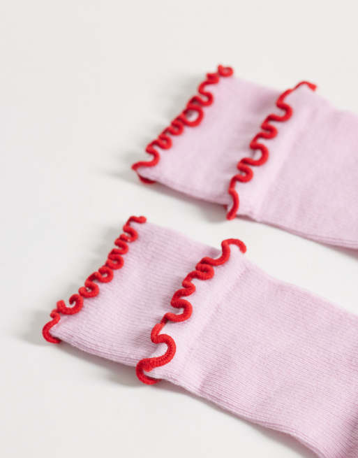 ASOS DESIGN - Enkelsokken met contrasterende dubbele ruches in lila en rood, 3 van 3