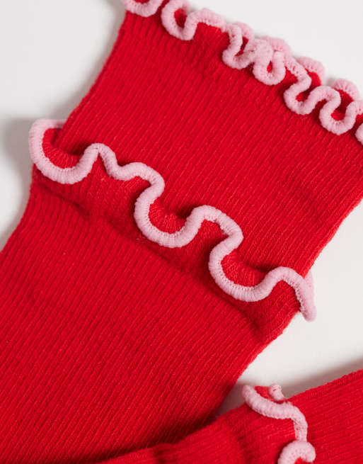 ASOS DESIGN - Enkelsokken met contrasterende dubbele ruches in rood met roze rand, 2 van 3