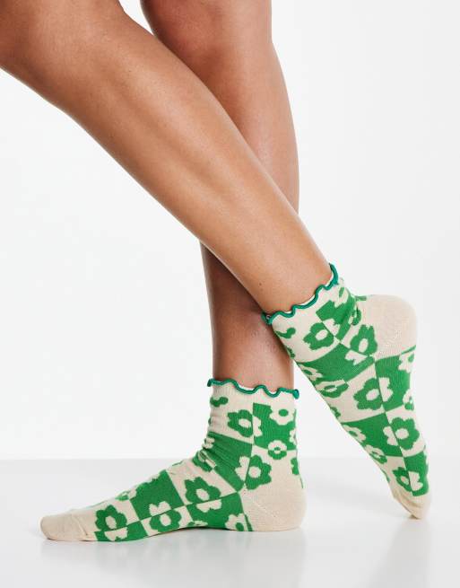 ASOS DESIGN - Enkelsokken met ruches aan de bovenkant in gebloemde dambordprint in multi