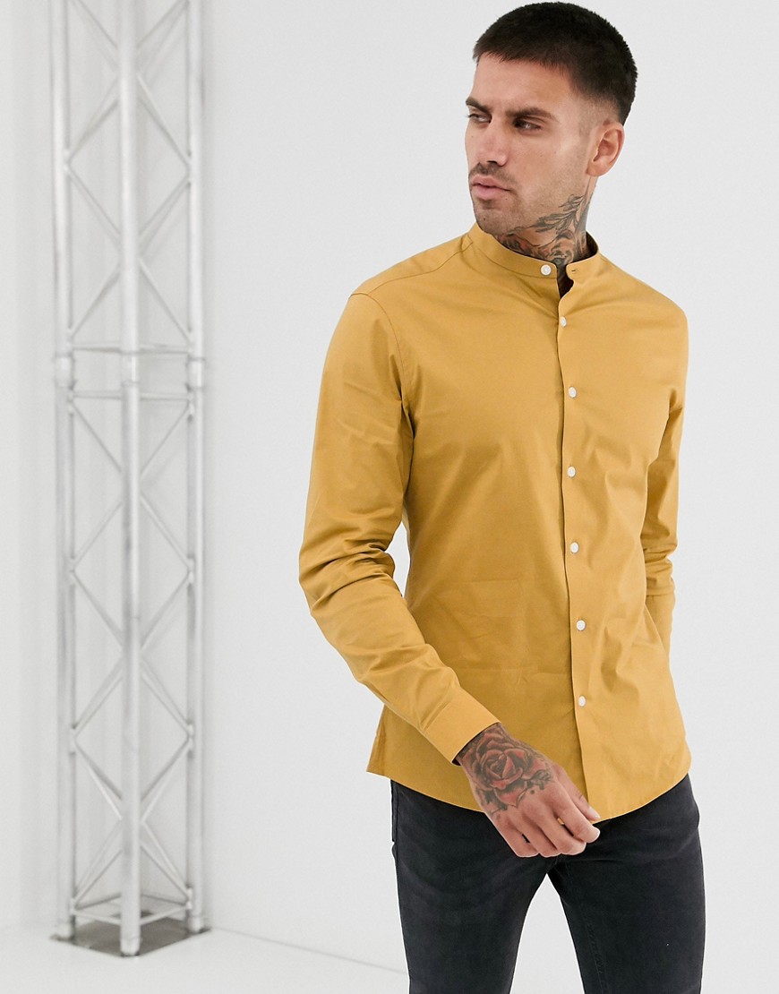 ASOS DESIGN – ennepsgul elegant skjorte i smal pasform med stræk og grandad-krave