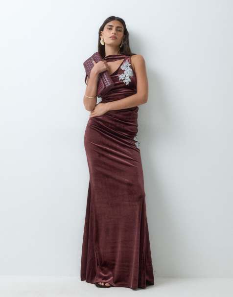 ASOS DESIGN ensemble 2 pièces jupe longue drapée en velours à détail brodé marron - view 1