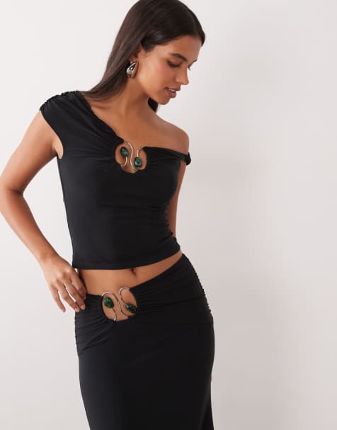 ASOS DESIGN ensemble 2 pièces top asymétrique près du corps avec détail métallique noir - view 1