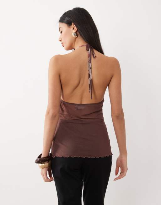 ASOS DESIGN ensemble 2 pièces top en tulle imprimé à superpositions drapé à col bénitier marron fleuri, 3 de 4