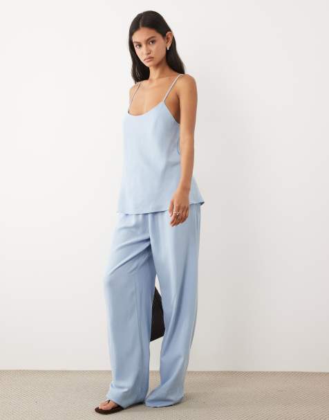 ASOS DESIGN - Ensemble avec caraco en lin mélangé style années 90 à encolure dégagée - Bleu - view 1