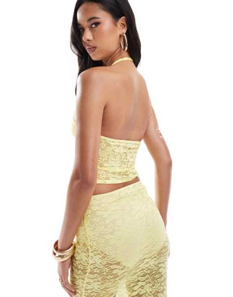 ASOS DESIGN - Ensemble avec jupe et top à buste froncé et encolure américaine en dentelle - Jaune - view 1