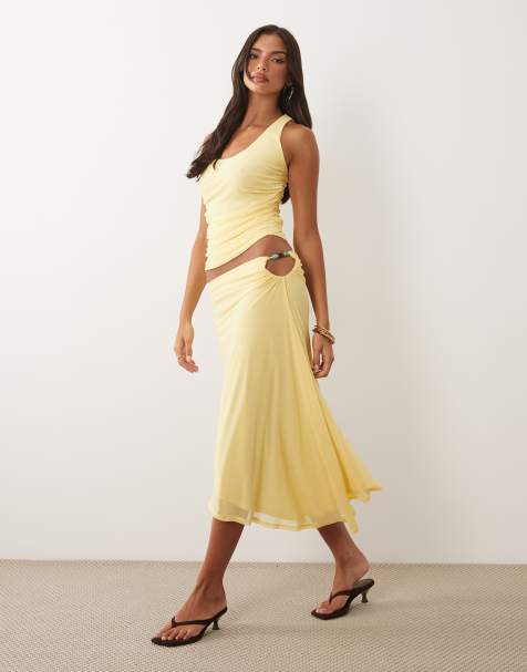 ASOS DESIGN - Ensemble avec jupe mi-longue asymétrique en tulle avec perles - Citron - view 1