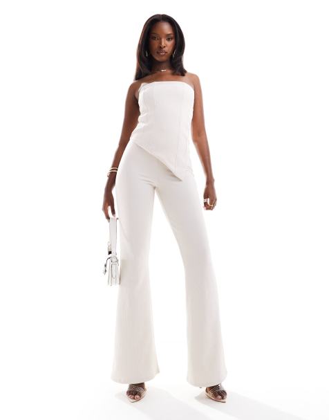 ASOS DESIGN - Ensemble avec pantalon évasé et top bandeau côtelé - Crème - view 1