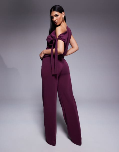 ASOS DESIGN - Ensemble avec top asymétrique et pantalon en cupro avec liens - Raisin - view 1