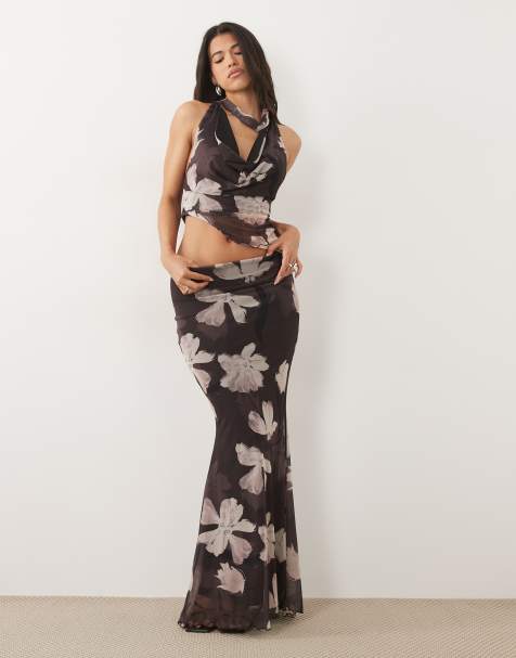 ASOS DESIGN - Ensemble avec top drapé en tulle imprimé fleuri à col bénitier et jupe longue - Marron - view 1