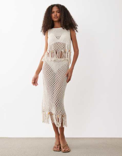 ASOS DESIGN - Ensemble avec top et jupe en maille crochetée à franges et perles - Blanc - view 1