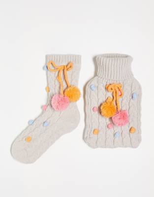 ASOS DESIGN pom pom cable knit hot water bottle and socks in oatmeal - ASOS Price Checker