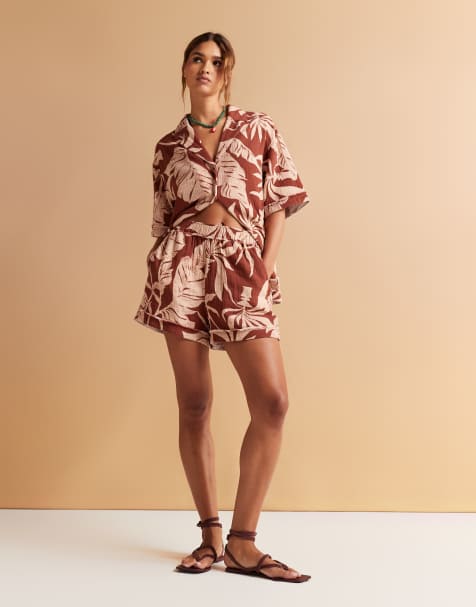 ASOS DESIGN - Ensemble chemise et short à enfiler en gaze de coton avec bords effilochés - Imprimé palmiers - view 1