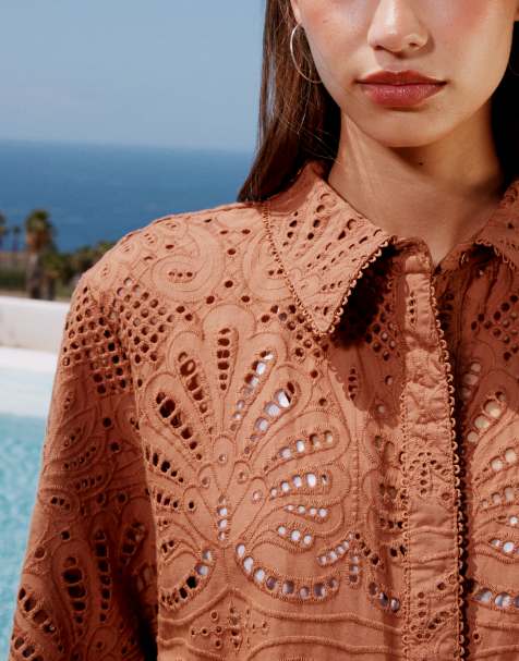 ASOS DESIGN - Ensemble chemise et short coupe dad en broderie anglaise de qualité supérieure - Tabac - view 1