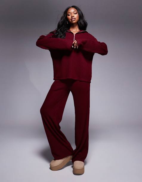 ASOS DESIGN - Ensemble côtelé avec top à col zippé et pantalon - Bordeaux - view 1