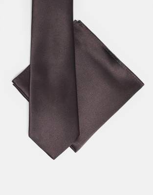 ASOS DESIGN - Ensemble cravate et carré de poche - Marron foncé