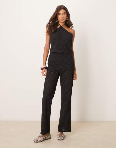 ASOS DESIGN - Ensemble crop top à encolure américaine et pantalon avec détails géométriques ajourés - Noir - view 1