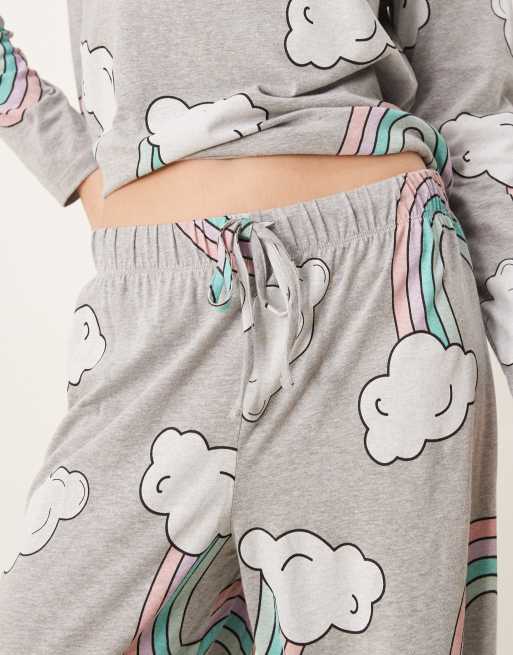 ASOS DESIGN - Ensemble de pyjama à imprimé arc-en-ciel avec pantalon et top manches longues - Gris chiné, 2 de 4