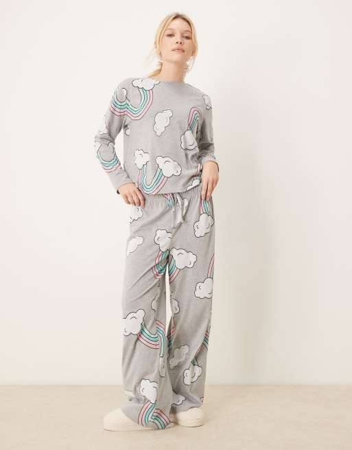 ASOS DESIGN - Ensemble de pyjama à imprimé arc-en-ciel avec pantalon et top manches longues - Gris chiné, 3 de 4