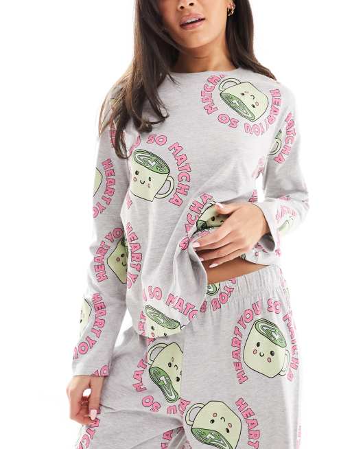 ASOS DESIGN - Ensemble de pyjama à imprimé matcha avec haut à manches longues et pantalon - Gris chiné, 4 de 4