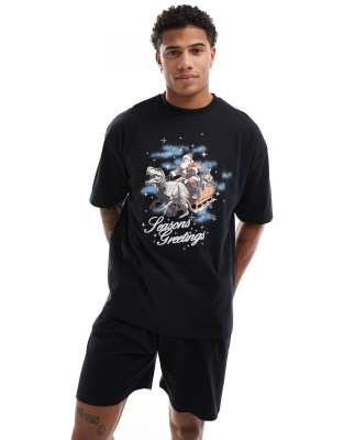 ASOS DESIGN - Ensemble de pyjama à imprimé traîneau de Noël avec dinosaure - Noir - view 1