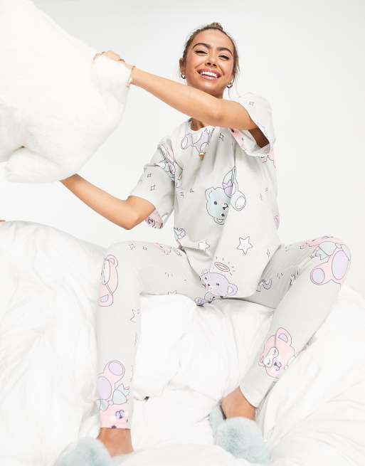 ASOS DESIGN - Ensemble de pyjama avec t-shirt oversize et legging à motif ours en peluche - Gris, 2 de 4