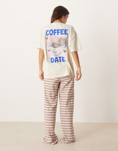 ASOS DESIGN - Ensemble de pyjama avec t-shirt oversize et pantalon ample imprimé café - Marron - view 1