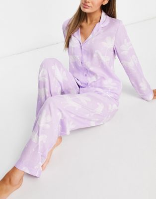 Pyjamas Ensemble de pyjama en modal avec chemise à manches longues et pantalon à imprimé zèbre et palmiers - Lilas