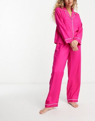 ASOS DESIGN - Ensemble de pyjama en modal avec chemise et pantalon avec liserés contrastants - Fuchsia | ASOS