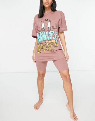 Femme Ensemble de pyjama Looney Tunes avec short legging et t-shirt oversize à inscription « What's Up Doc  » - Marron