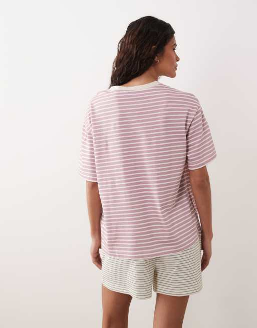 ASOS DESIGN - Ensemble de pyjama oversize à rayures et manches courtes contrastantes - Rose et blanc, 4 de 4