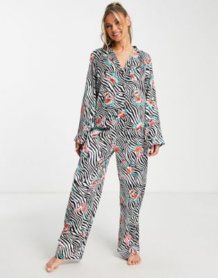ASOS DESIGN satin floral animal shirt & trouser pyjama set in black & white - ASOS Price Checker