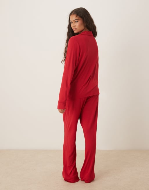 ASOS DESIGN - Ensemble de pyjama ultra doux avec chemise manches longues et pantalon - Rouge, 3 de 4