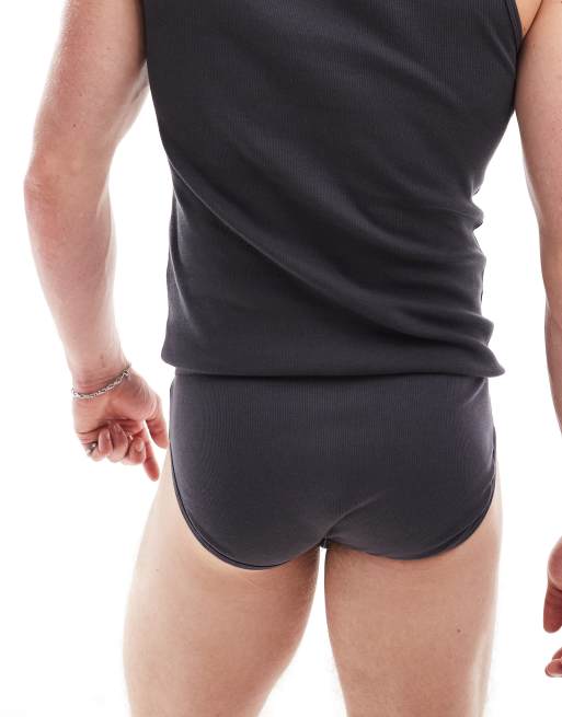 ASOS DESIGN - Ensemble de sous-vêtements avec slip et débardeur côtelés - Anthracite, 4 de 4