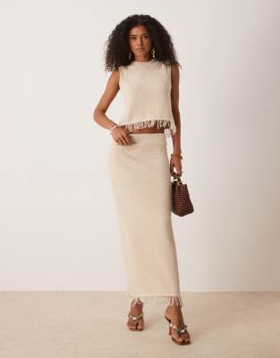 ASOS DESIGN - Ensemble débardeur à franges et jupe longue en maille bouclée - Taupe - view 1