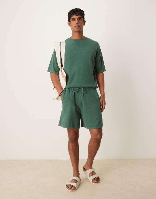 ASOS DESIGN - Ensemble décontracté en maille côtelée avec short et t-shirt coupe carrée - Vert