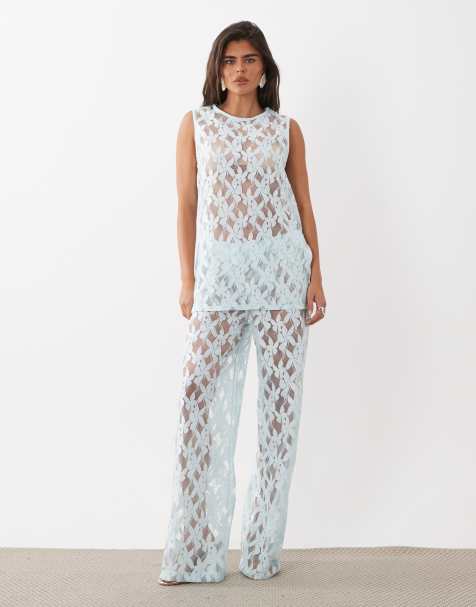 ASOS DESIGN - Ensemble en dentelle transparente débardeur long oversize et pantalon large - Bleu pâle - view 1