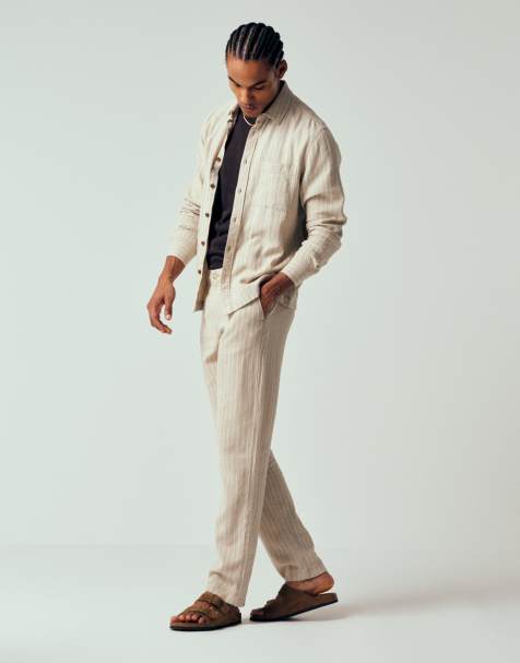ASOS DESIGN - Ensemble en lin mélangé à rayures - Beige - view 1