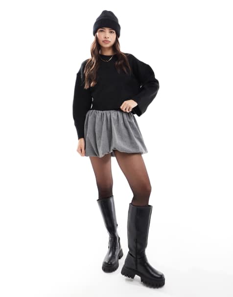 ASOS DESIGN - Ensemble en maille avec jupe mi-longue et pull coupe carrée à col ras de cou et poignets larges - Noir - view 1